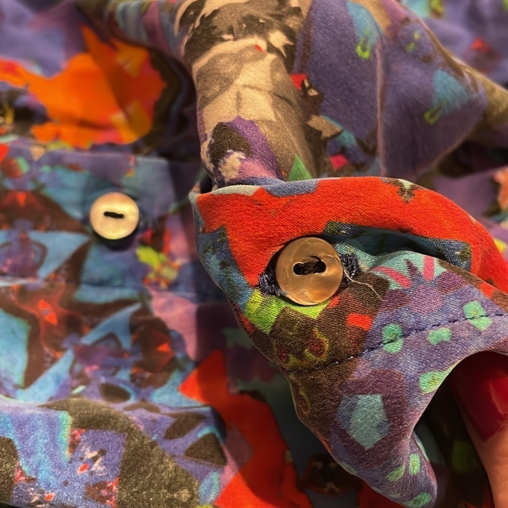 Multicolor Abstract Pattern Silk Button Down Shirt - image 8